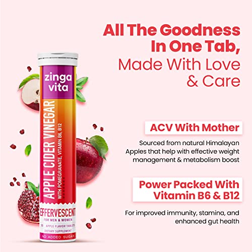 Zingavita Apple Cider Vinegar with Mother - 20 Tabs, With 500 mg ACV, Vit B6 & B12 for Weight Management & Improved Gut Health, 1 Daily
