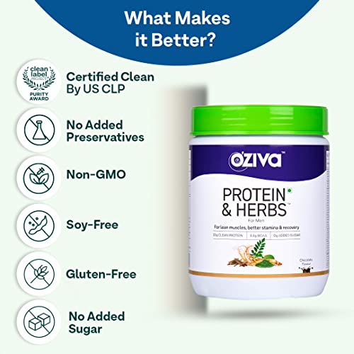OZiva Protein & Herbs, Men (23g Whey Protein, 5.5g BCAA & Ayurvedic herbs like Ashwagandha, Chlorella & Musli), 500g