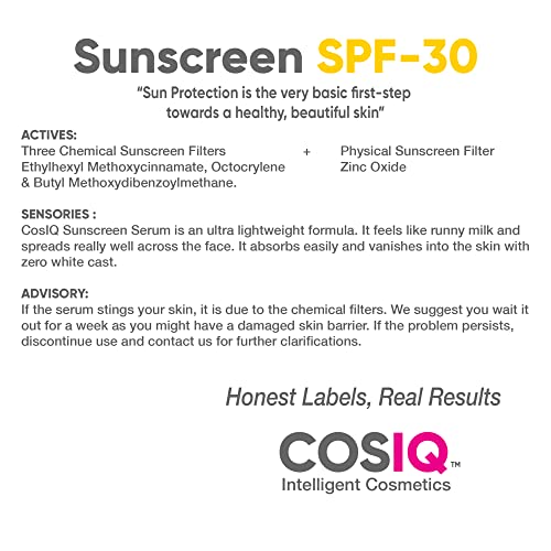 Cos-IQ Daily Use Sunscreen Serum SPF 30 PA++++ Broad Spectrum, 100ml, UVA, UVB and IR Protection, Zee Cast, Ultra Light Weight, Skin Safe, Dewy Finish