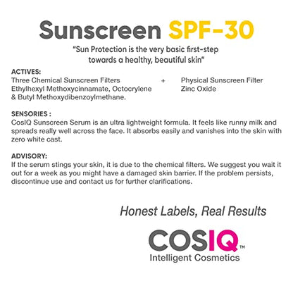 Cos-IQ Daily Use Sunscreen Serum SPF 30 PA++++ Broad Spectrum, 100ml, UVA, UVB and IR Protection, Zee Cast, Ultra Light Weight, Skin Safe, Dewy Finish