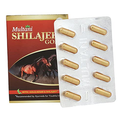 Multani Shilajeet Gold Capsule- For Youthful Living, Enriched With Gold, Kesar, Safed Musli & Shilajilajit Capsule For Stamina & Endurance, 10 Capsule