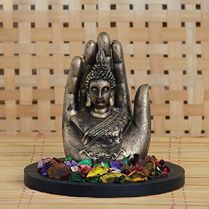 eCraftIndia Copper Finish Handcrafted Palm Buddha Decorative Showpiece with Wooden Base, Fragranced Petals and Tealight