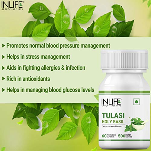 INLIFE Tulsi (Tulasi) Extract Holy Basil Supplement Natural Immunity Booster & Respiratory Wellness for adults, 500mg – 60 Veg Caps