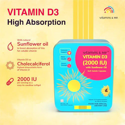 Vitamin D3 2000 IU with Sunflower Oil by Vitamins & Me - Vitamin D3 Supplement - Ideal for Men WomenAbsorption and Immunity (60 Soft Gelatin Capsules)