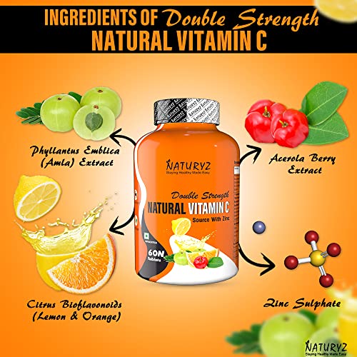 Naturyz Double Strength Natural Vitamin C & Zinc Supplement 1250 mg with Amla, Acerola Cherry, Citrummunity Support & Skincare (60 Vegetarian tablets)