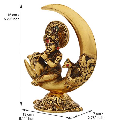 Golden Metal Handcrafted Lord Krishna Idol Playing Flute and Sitting On Half Moon Decorative Showpiece