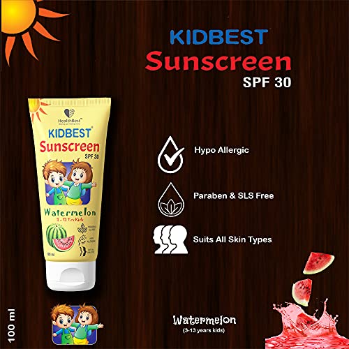 HealthBest Kidbest Sunscreen for Kids | SPF 30 UVA/UVB | Safe for Sensitive Skin | Tear, Paraben, SLS free | Watermelon Flavor | 100ml