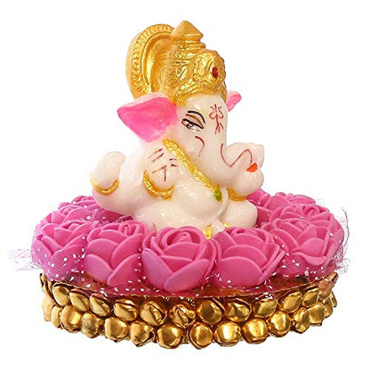 eCraftIndia Lord Ganesha Idol on Decorative Handcrafted Plate with Pink Flowers