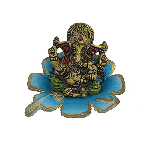 eCraftIndia Metal Lord Ganesha Statue on Sky Blue Leaf (LxWxH - 4INx4INx3IN)