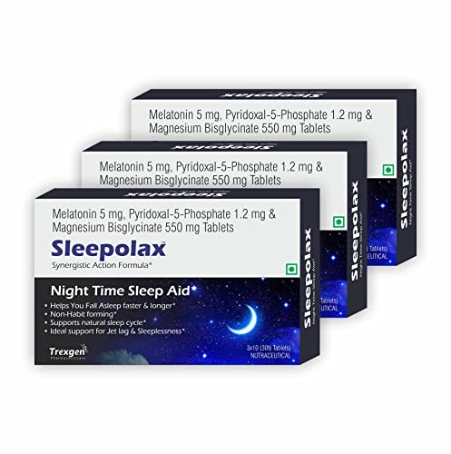 Trexgen® SLEEPOLAX Advanced Quck Action Sleep Support Triple Action formula Melatonin 5 mg, B6, P5P sium bisglycinate Tablets (30 X 3 Box= 90 Tablets)