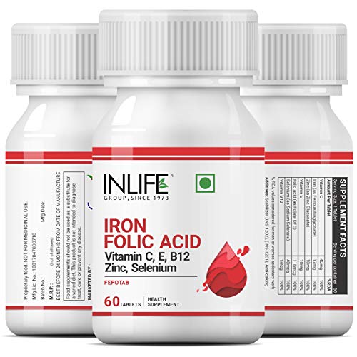 INLIFE Chelated Iron Folic Acid Supplement with Vitamin C, E, B12, Zinc & Selenium for Men Women - 60 Tablets (2 Pack)