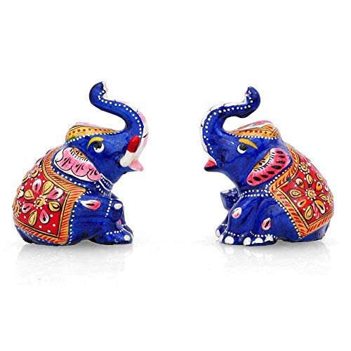 Collectible India Lucky Elephant Pair Figurines Trunk up, Metal Painted Meenakari Handpainted Animal Decor Statue