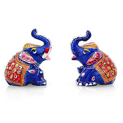 Collectible India Lucky Elephant Pair Figurines Trunk up, Metal Painted Meenakari Handpainted Animal Decor Statue