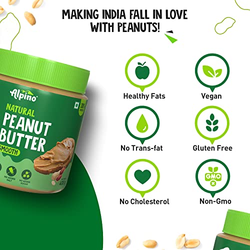 Alpino Natural Peanut Butter Smooth 400 G | Unsweetened | 100% Roasted Peanuts | No Added Sugar, Salt | Gluten-Free | Vegan