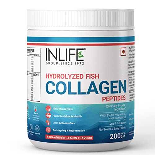 INLIFE Hydrolyzed Marine Fish Collagen Peptides Powder, Supplement for Skin Hair for Men Women, Type 1 Collagen, 200 g (Strawberry Lemon)