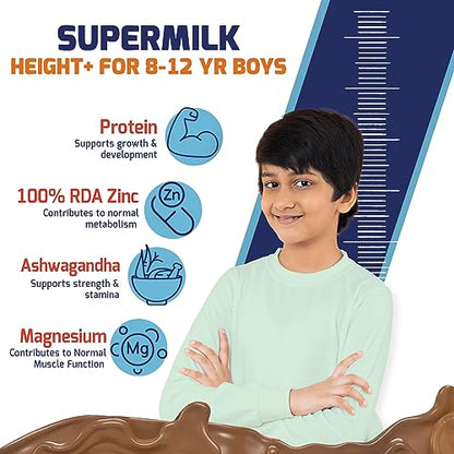 Gritzo Supermilk Height+ For 8-12Y Boys,100% Natural Double Chocolate,400 G,Powder