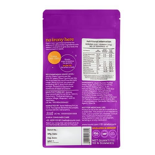 Nyumi Iron+ Gummies | Boosts Energy, Reduces Fatigue, & Fights Anemia | Folic Acid, Zinc, Spinach Extract & Vitamin B12 | | Pack of 1 | 30 Gummies