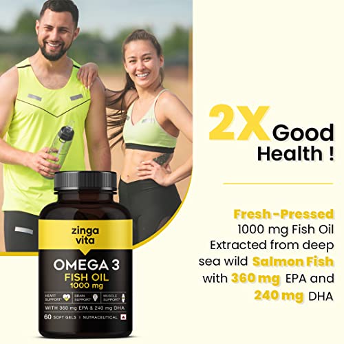 Zingavita Maximum Strength Omega 3 Fish Oil Capsule for Women & Men, Mercury Free & Burp Free for Heart, Joints & Eye Support - 60 Softgels