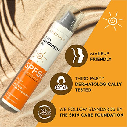 L'SENSA Sunscreen SPF 50 for Oily Skin, Waterproof Sun cream, 1% Hyaluronic Aqua Gel, Free from Oxybone Skin, Make-Up Friendly For Women & Men, 50Gram