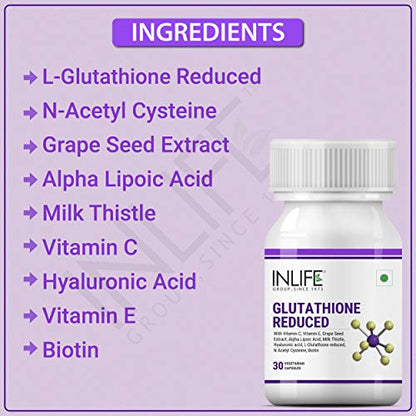 INLIFE L Glutathione 1000mg, Vitamin C, Milk Thistle, Grape Seed Extract, Biotin, 30 Counts