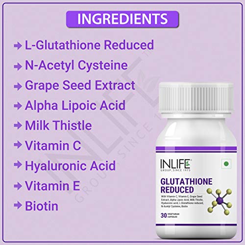 INLIFE L Glutathione 1000mg, Vitamin C, Milk Thistle, Grape Seed Extract, Biotin, 30 Counts (Pack of 2)