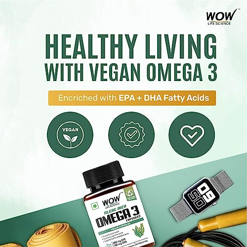 WOW Life Science Algae-Rich Omega 3 Capsules-Pack of 60 Vegetarian Capsules - EPA + DHA Enriched Vegan Capsules