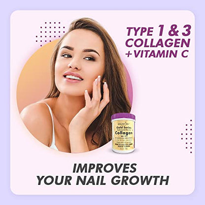 HealthyHey Nutrition Collagen Gold Series with Hyaluronic Acid, Biotin & Vitamin C - For Skin, Hair & Nails (Black Current, 200gm)