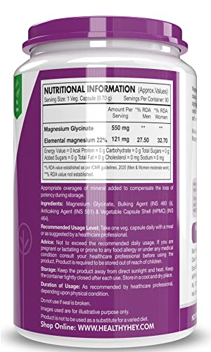 HealthyHey Nutrition High Absorption Magnesium Glycinate, 550mg - 90 Vegetable Capsules