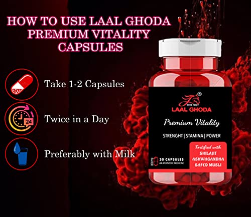 LAAL GHODA Vitality Capsule Strength|Stamina|Power Fortified With Shilajit, Ashwagandha, Safed Musli For Men Health - 30 Capsules (800mg)