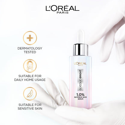 L'Oreal Paris Brightening Serum, 1% Glycolic Acid, 2% Niacinamide Serum, Visibly Minimizes Spots, Reveals Even Skin Tone, Glycolic Bright Skin, 15ml