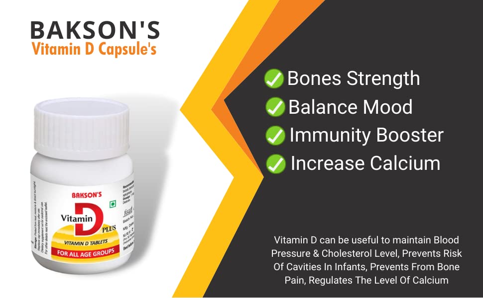 Bakson's Vitamin D Plus, Promotes Calcium Absorption, Bone Health, Muscle Strength & Boosts Immunityth Vitamin A,B,C & E for All Age Groups - (30 tab)