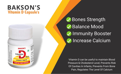Bakson's Vitamin D Plus, Promotes Calcium Absorption, Bone Health, Muscle Strength & Boosts Immunityth Vitamin A,B,C & E for All Age Groups - (30 tab)