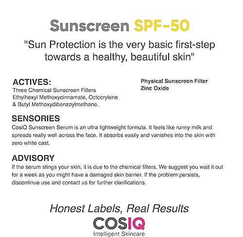 Cos-IQ Sunscreen Serum SPF 50 PA++++ | Broad Spectrum UVA, UVB & IR Protection | No White Cast | Ult-Greasy, Quick Absorbing | For Women & Men | 100ml