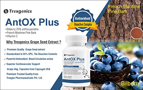 Trexgenics ANTOX PLUS Bilberry 25% 200 mg, Pine bark 90% 200 mg & Vitamin C Advanced Antioxidant cot, Eyes, Skin, Immunity, Metabolism (60 Vcaps) (1)