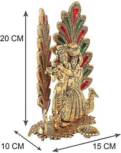 Collectible India Peacock Design Radha Krishna Idol Showpiece with Diya for Puja and Home Decor (8 x 6 Inches), Metal, Gold (1 Piece)