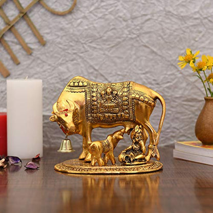 Collectible India Metal Kamdhenu Cow with Calf Showpiece, 7.5 x 7 x 5.5 Inches, Golden