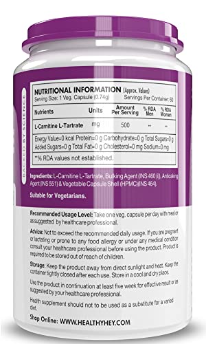 HealthyHey Nutrition L-Carnitine & L-Tartrate (LCLT) 500mg - Support Transport of Fats to Muscles - 60 Vegetable Capsules (Pack of 1)