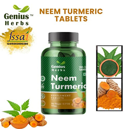 Genius Herbs Neem Turmeric Tablets 500 mg | Best Detox | Boosts Immunity| 180 No.s 45 days Pack of 4