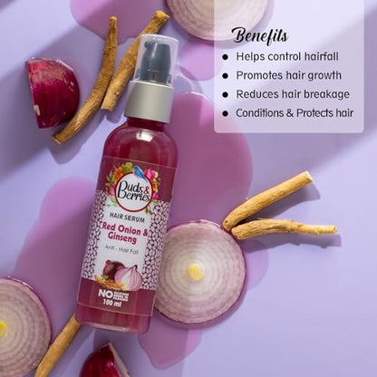 Buds & Berries Red Onion and Ginseng Anti-Hairfall Hair Serum | Reduces Split Ends and Conditions Ha | 100ml | No Paraben, No Silicone, No Mineral Oil