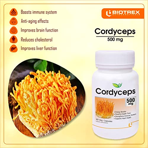 Biotrex Cordyceps 500mg - 60 Veg Capsule, Pack of 2, Dietary supplement to strengthen Immune System,amin for men, women and adults, health supplements