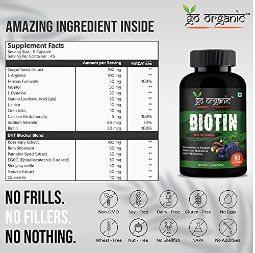 Go Organic Plant Based Biotin 10000 mcg With DHT Blocker (Rosemary Extract, Beta sitosterol, Pumpkinin) for good looking Hair, 90 Capsules (Pack Of 1)