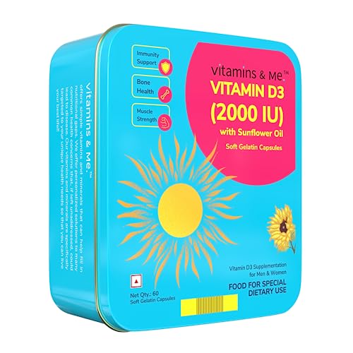 Vitamin D3 2000 IU with Sunflower Oil by Vitamins & Me - Vitamin D3 Supplement - Ideal for Men WomenAbsorption and Immunity (60 Soft Gelatin Capsules)