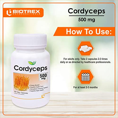 Biotrex Cordyceps 500mg - 60 Veg Capsule, Pack of 2, Dietary supplement to strengthen Immune System,amin for men, women and adults, health supplements