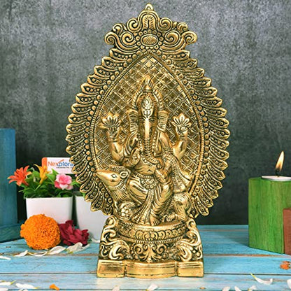 Nexplora Industries Pvt. Ltd. Metal Ganesh Idol Ganpati Sitting On Mouse Statue, Height 27 cm, Gold Antique, 1 Piece