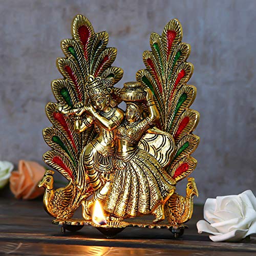 Collectible India Peacock Design Radha Krishna Idol Showpiece with Diya for Puja and Home Decor (8 x 6 Inches), Metal, Gold (1 Piece)