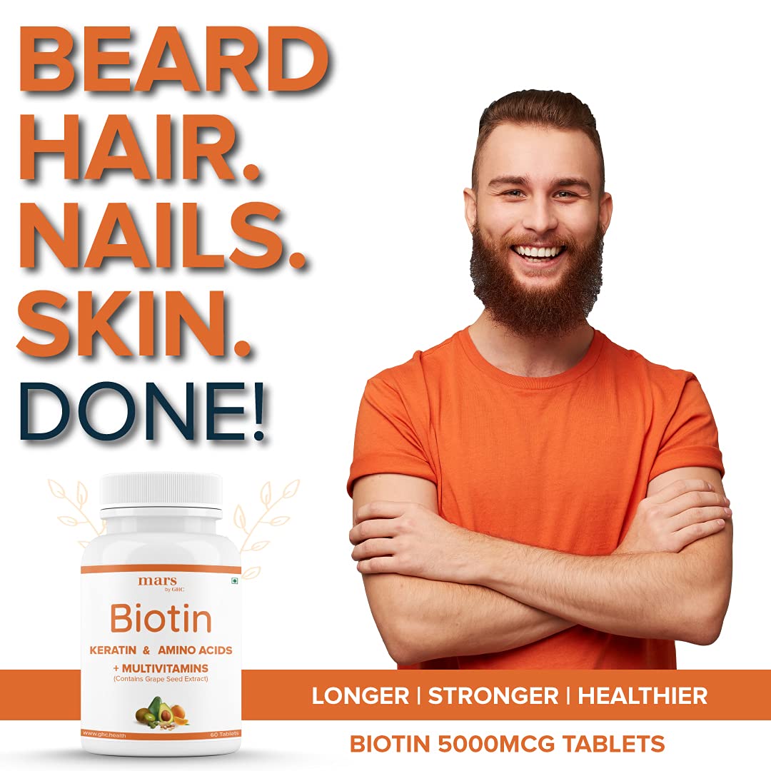 mars by GHC Beard Biotin- 100% Vegan, 60 Tablets (Pack of 1) | Promotes Stronger & Thicker Beard Groin A, Vitamin E, Vitamin B7, Keratin & Amino Acids