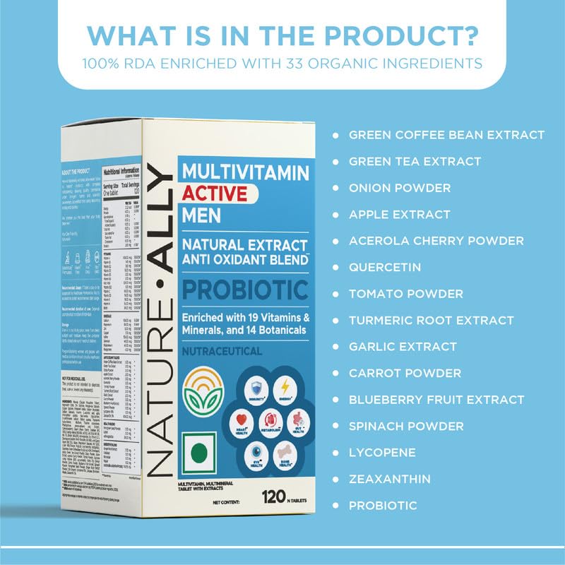 NATUREALLY MULTIVITAMIN ACTIVE MEN: 100% RDA 19 vitamin & minerals Value & 14 botanicals | PROBIOTICmunity, Gut, Bone, Eye, Heart Health (120 Tablets)