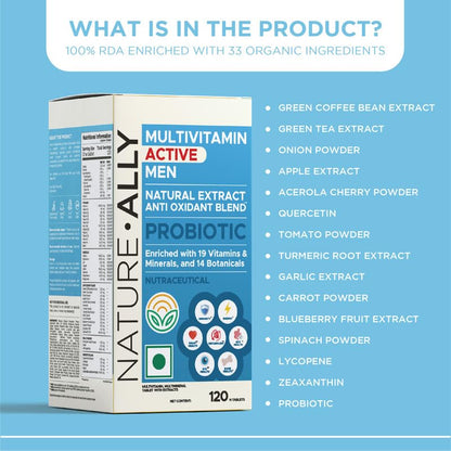 NATUREALLY MULTIVITAMIN ACTIVE MEN: 100% RDA 19 vitamin & minerals Value & 14 botanicals | PROBIOTICmunity, Gut, Bone, Eye, Heart Health (120 Tablets)