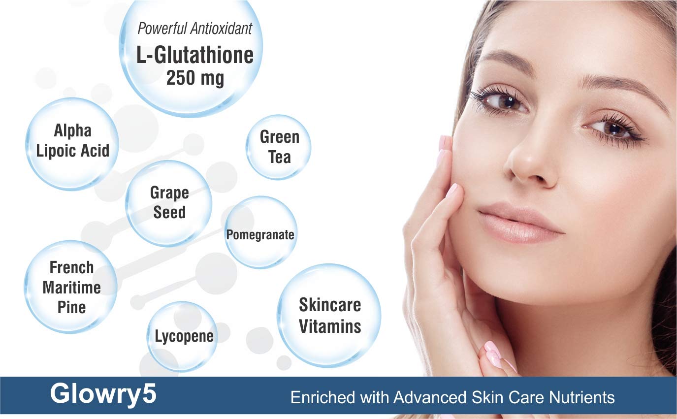 Trexgenics GLOWRY5 Advanced L-GLUTATHIONE Skin Care Complex with Skin Antioxidant Vitamins & Natural Herbs (30 Veg. Capsules) (Pack of 2)