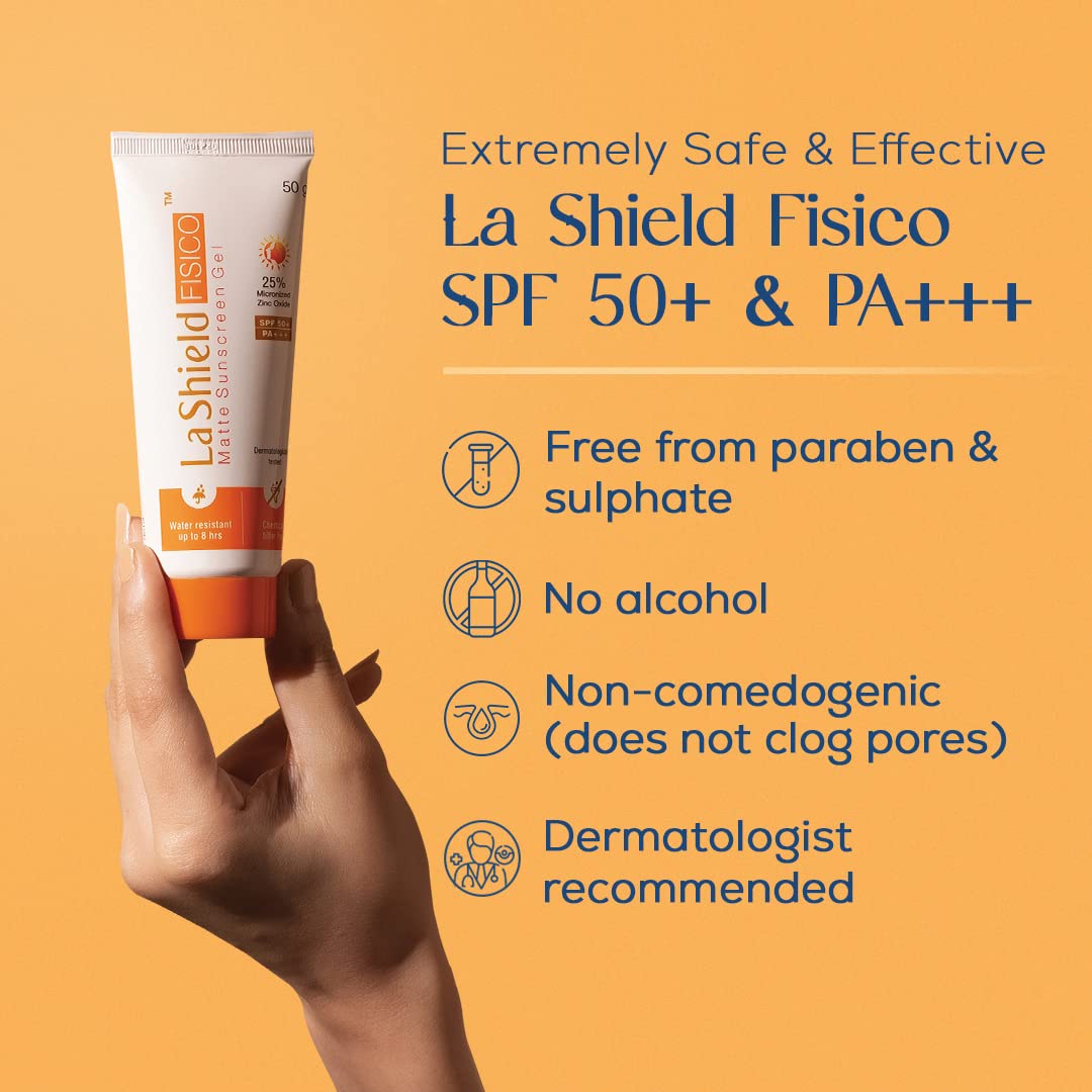 La Shield Fisico Sunscreen Gel with SPF 50 Broad Spectrum Protetion From UVA/UVB, Sun Protection and De Tan (50 Gm)